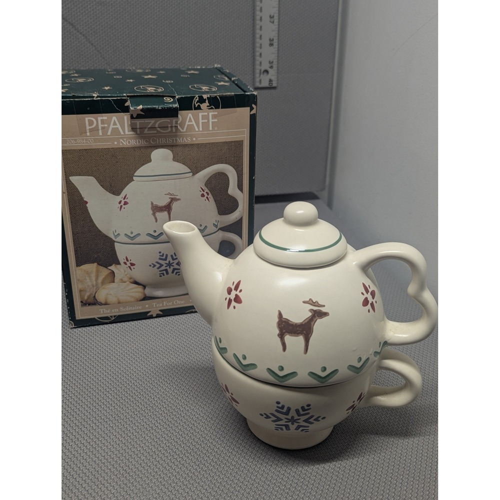 VTG Pfaltzgraff Nordic Christmas Tea For One Stackable Teapot and Cup Set w/ Box